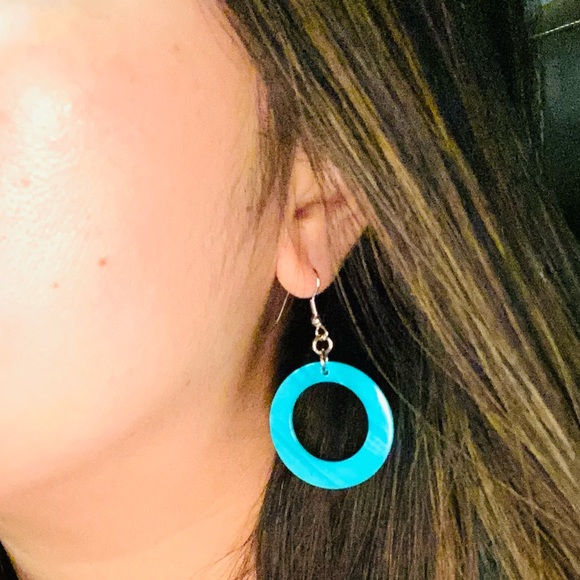 Turquoise Hoop Painted Shell Earrings - Picture 6 of 7